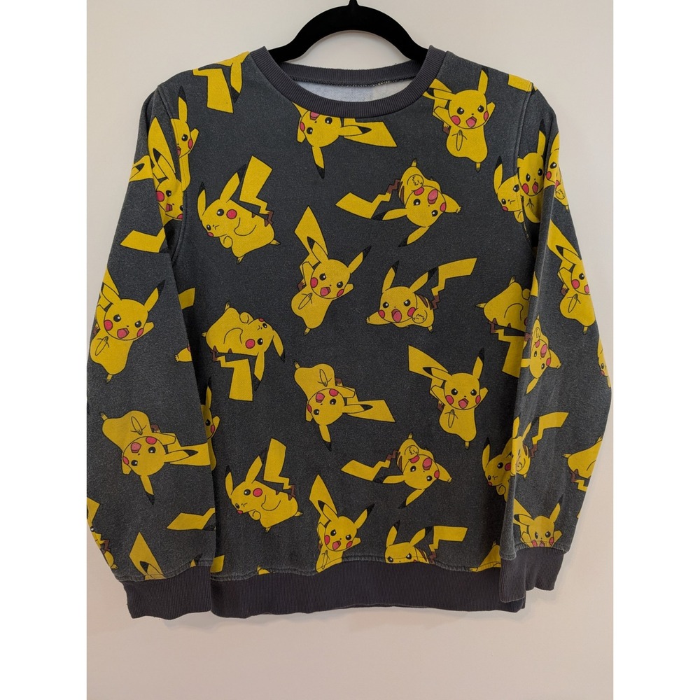 Pokemon Pikachu Allover Print Sweatshirt Gray Yellow Crewneck Large